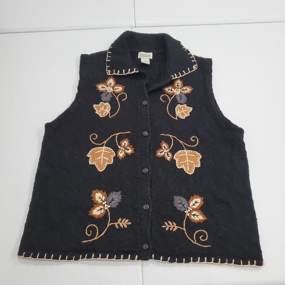Vintage 90s Sweater Vest Womens Large Black Embroidered Floral Button Front
